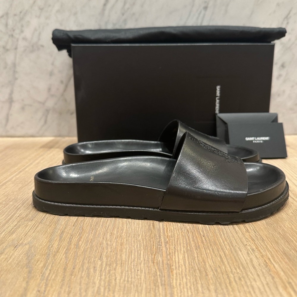 Saint Laurent Maine Liscio Black Leather Slide Sandals - Picture 5 of 12